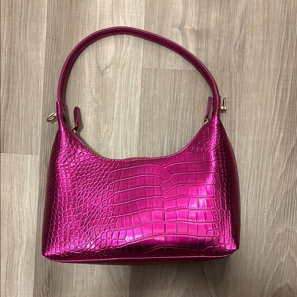 Metallic Pink Croc-Embossed Shoulder Bag